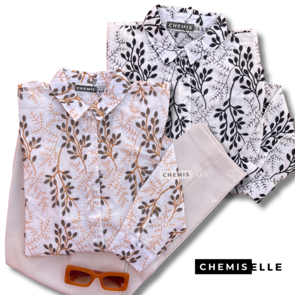 Chemise lin brodée tiges & feuilles d’arbre – Collection « Sunshine Chic »