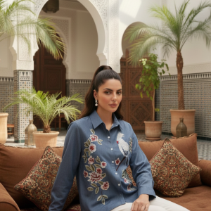 chemise denim jardin femme bleu azur broderie florale