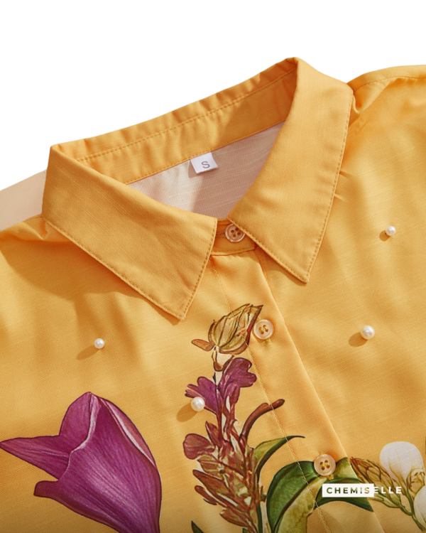 chemise jaune perles blanches femme