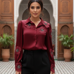 Chemise Rouge Rosalia satin fleurs strass