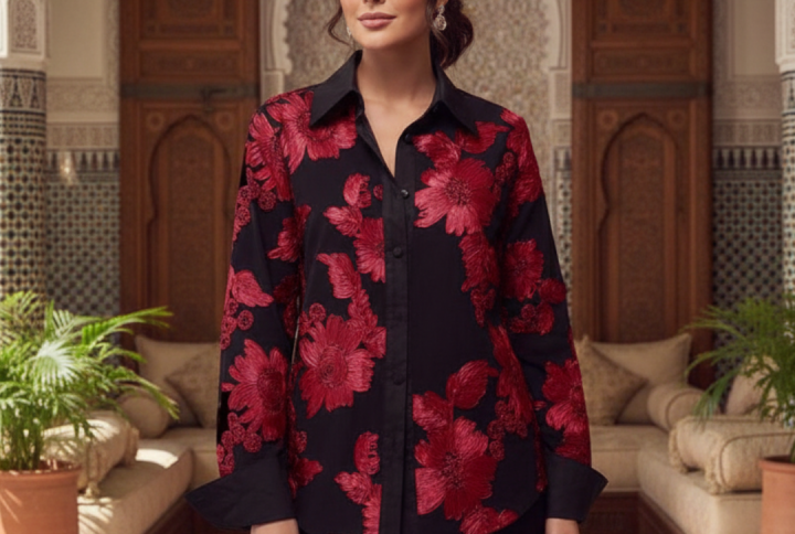 Chemise Noir & Flamme broderie ruban rouge