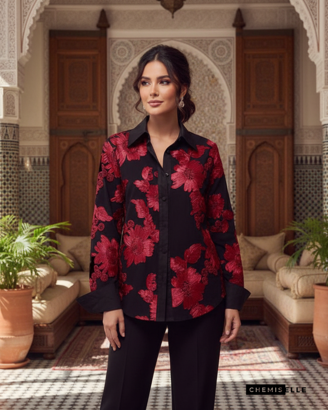 Chemise Noir & Flamme – Broderies florales rouges Chemise Noir & Flamme broderie ruban rouge