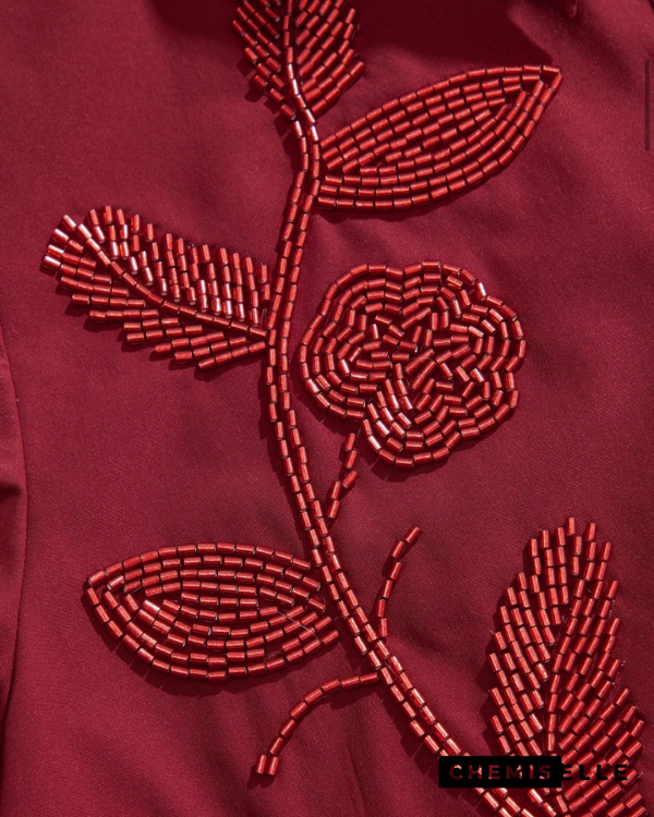 broderie au strass fleurs Chemise Burgundy Élégance broderie au strass fleurs Chemise Burgundy Élégance